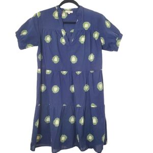 Fitzroy & Willa Navy Blue Dress with Green Pattern Short Sleeve Cotton Dress XS
